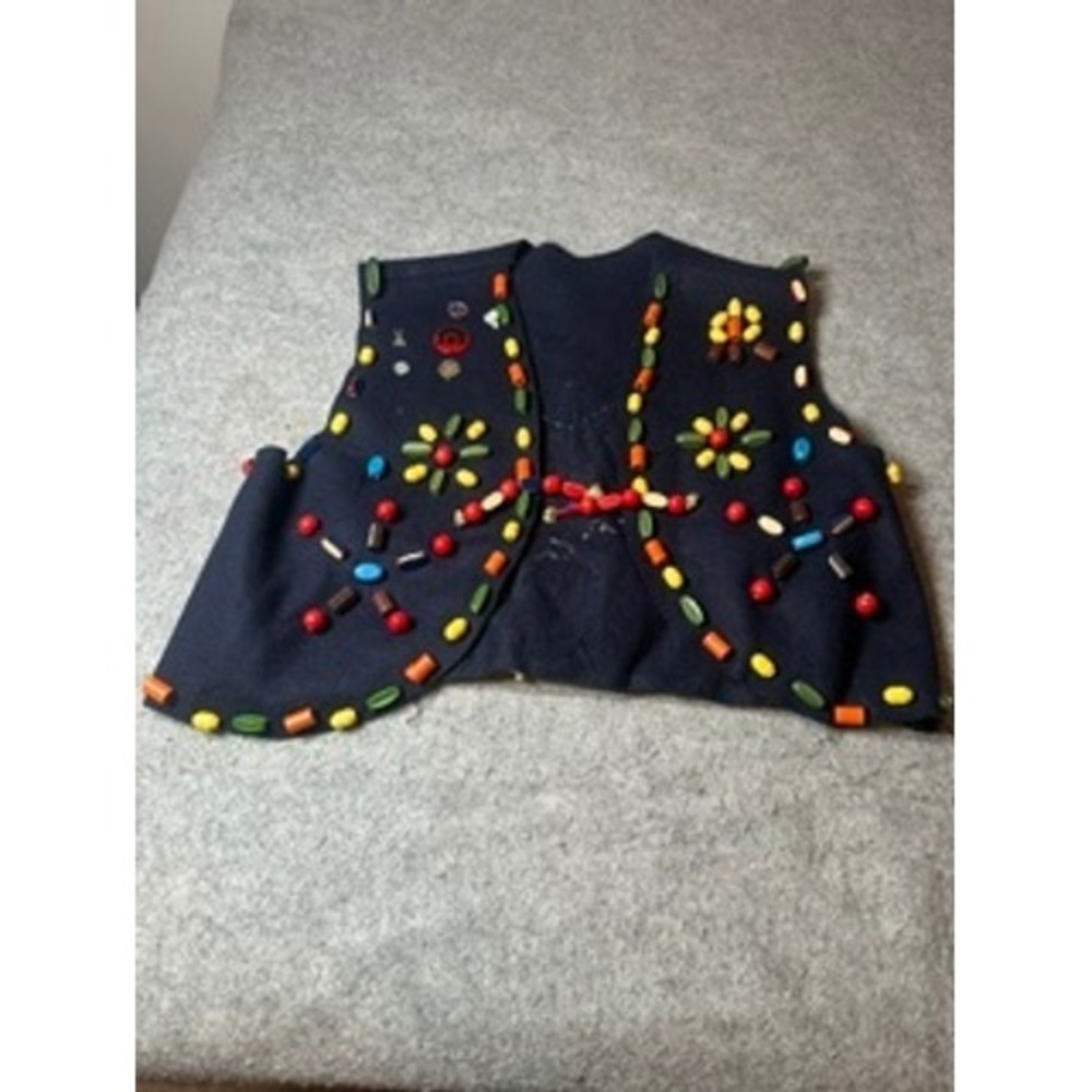 Handmade Vtg Campfire Girl Navy Wool Felt Beaded Folk Art Vest Boho  Small